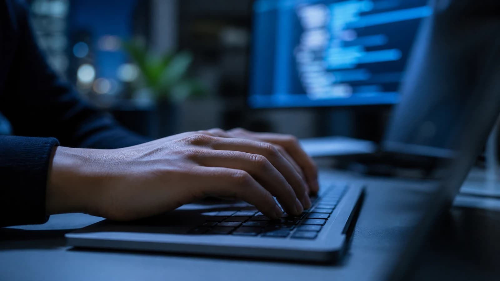 夜のオフィスで、青く光るコードエディタを背にノートPCを打つ手元