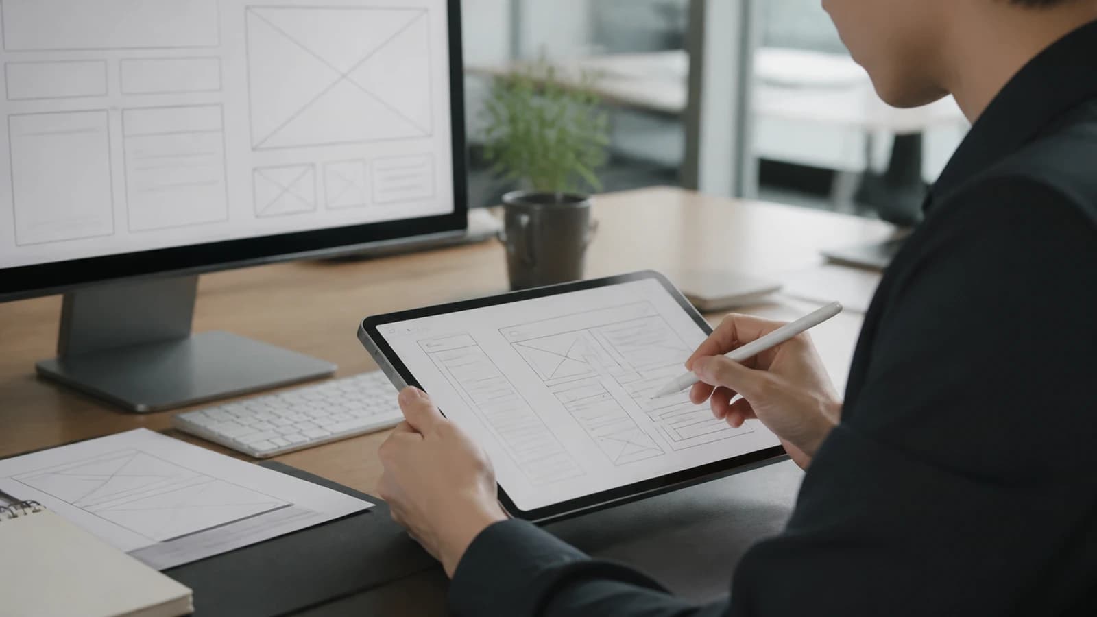 タブレットとスタイラスでワイヤーフレームをスケッチする手元